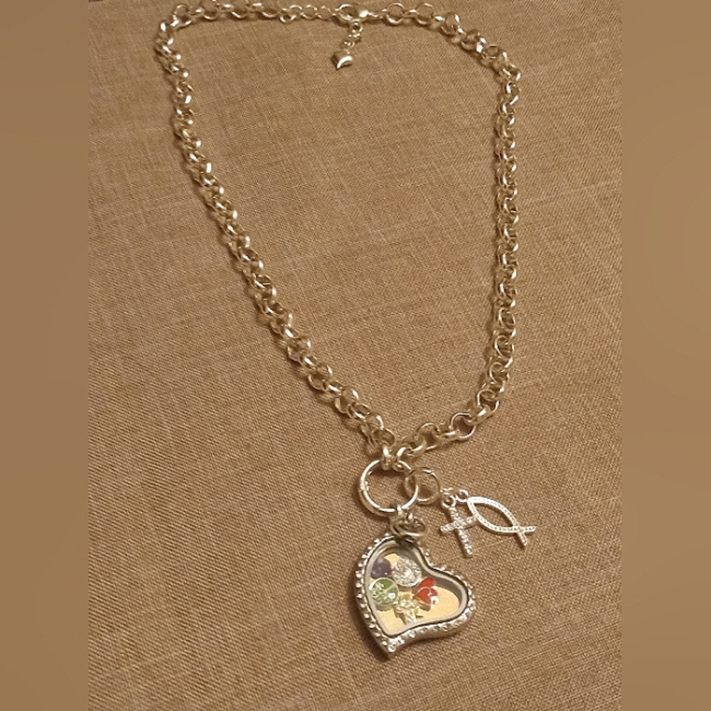 Silver Tone 12" Chain, Heart Charm Locket, Rhinestones Necklace, Believe Etched